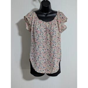 LC Lauren Conrad Tan & Floral Top Flowy Blouse Tie Back Cap Sleeve Small